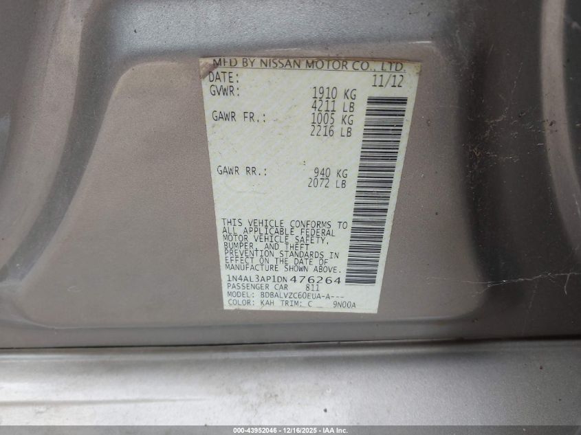 2013 Nissan Altima 2.5 Sl VIN: 1N4AL3AP1DN476264 Lot: 43952046