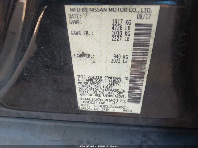 2017 Nissan Altima 2.5 Sr VIN: 1N4AL3AP7HC490171 Lot: 43952048