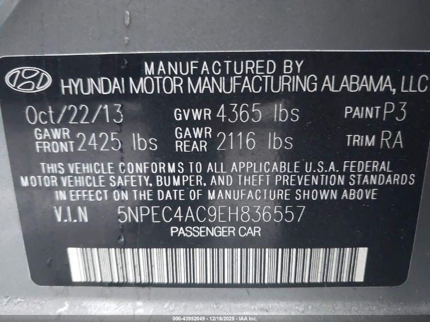 2014 Hyundai Sonata Limited VIN: 5NPEC4AC9EH836557 Lot: 43952049
