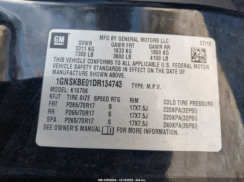 2013 Chevrolet Tahoe Lt VIN: 1GNSKBE01DR134743 Lot: 43952054