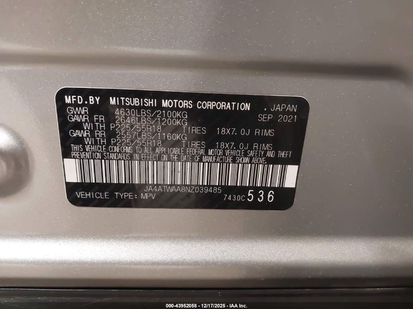 2022 Mitsubishi Eclipse Cross Se S-Awc/Se Special Edition S-Awc/Sel S-Awc/Sel Special Edition S-Awc VIN: JA4ATWAA8NZ039485 Lot: 43952058