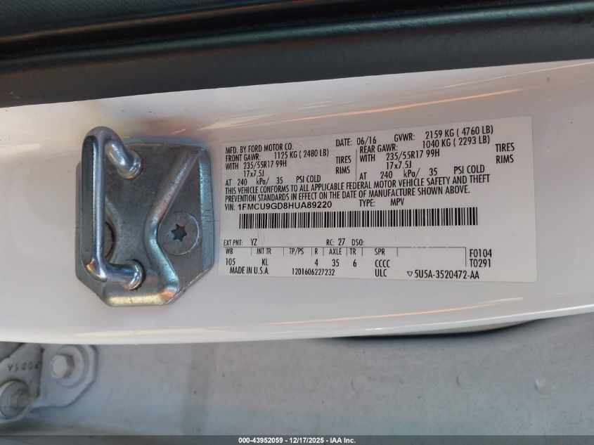 2017 Ford Escape Se VIN: 1FMCU9GD8HUA89220 Lot: 43952059