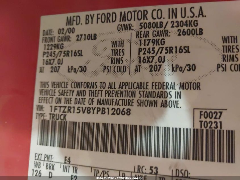 2000 Ford Ranger Xl/Xlt VIN: 1FTZR15V8YPB12068 Lot: 43952060