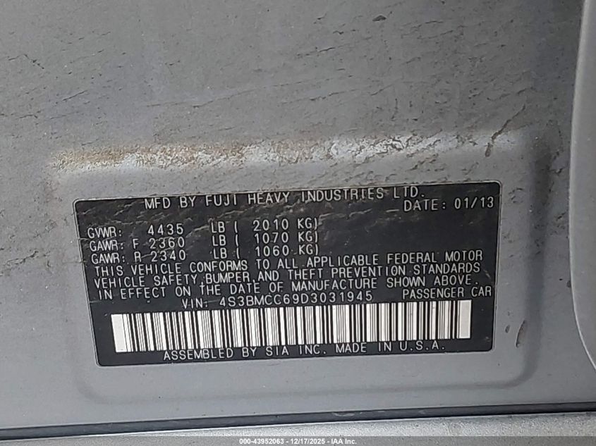 2013 Subaru Legacy 2.5I Premium VIN: 4S3BMCC69D3031945 Lot: 43952063