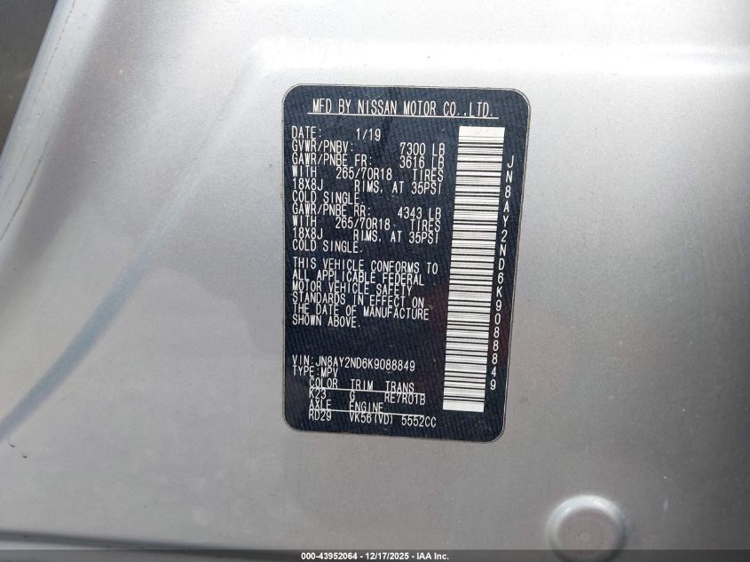 2019 Nissan Armada Sv VIN: JN8AY2ND6K9088849 Lot: 43952064