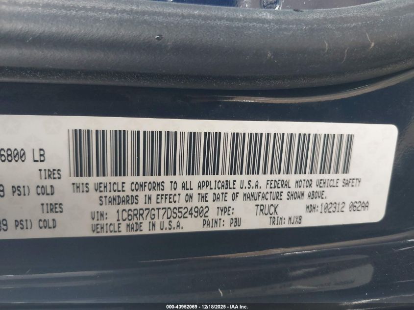 2013 Ram 1500 Big Horn VIN: 1C6RR7GT7DS524902 Lot: 43952069