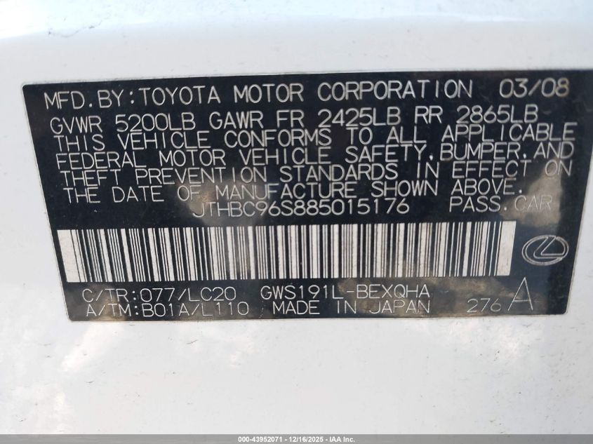 2008 Lexus Gs 450H VIN: JTHBC96S885015176 Lot: 43952071