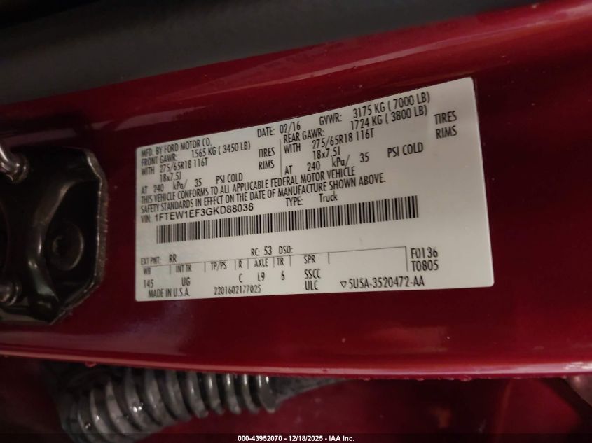 2016 Ford F-150 Xlt VIN: 1FTEW1EF3GKD88038 Lot: 43952070