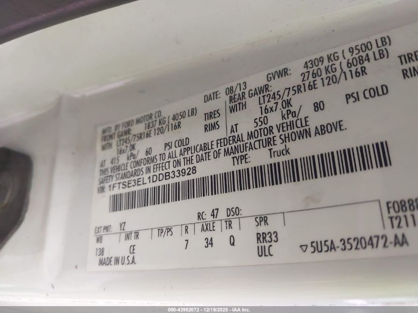 2013 Ford E-350 Super Duty Commercial VIN: 1FTSE3EL1DDB33928 Lot: 43952072