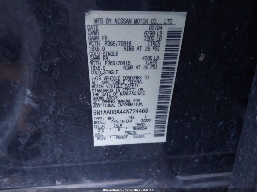 2004 Nissan Pathfinder Armada Se VIN: 5N1AA08A44N724468 Lot: 43952073