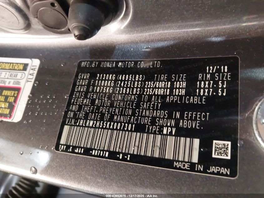 2019 Honda Cr-V Ex VIN: JHLRW2H55KX007301 Lot: 43952075
