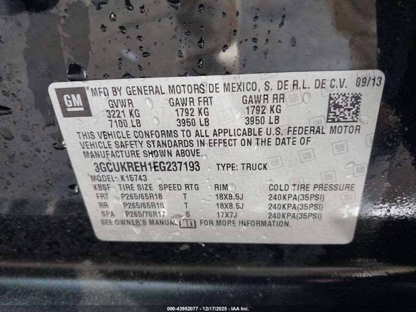 2014 Chevrolet Silverado 1500 2Lt VIN: 3GCUKREH1EG237193 Lot: 43952077