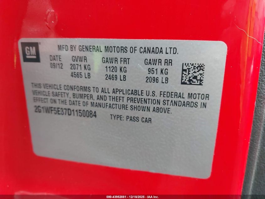 2013 Chevrolet Impala Ls VIN: 2G1WF5E37D1150084 Lot: 43952081