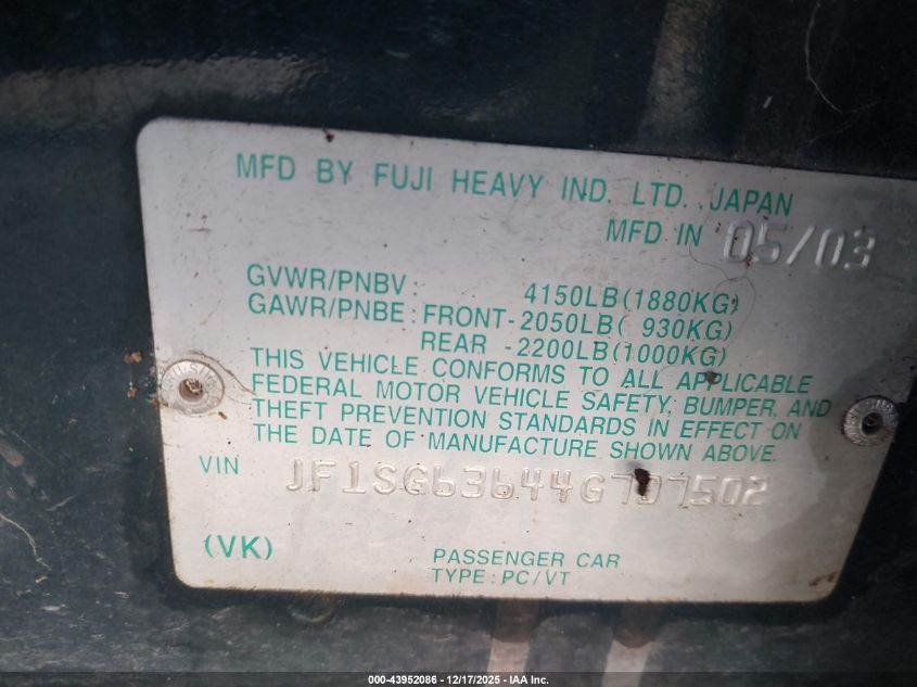 2004 Subaru Forester 2.5X VIN: JF1SG63644G707502 Lot: 43952086