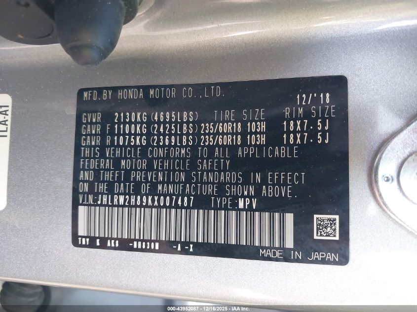 2019 Honda Cr-V Ex-L VIN: JHLRW2H89KX007487 Lot: 43952087