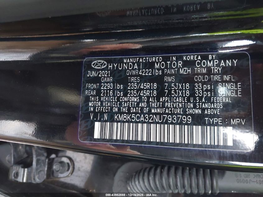 2022 Hyundai Kona Limited VIN: KM8K5CA32NU793799 Lot: 43952088