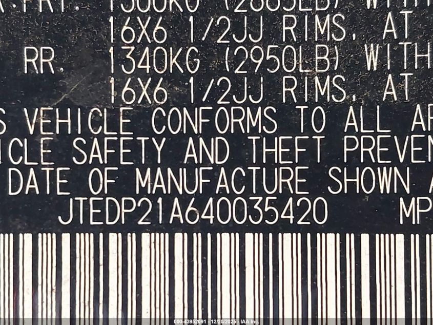 2004 Toyota Highlander V6 VIN: JTEDP21A640035420 Lot: 43952091