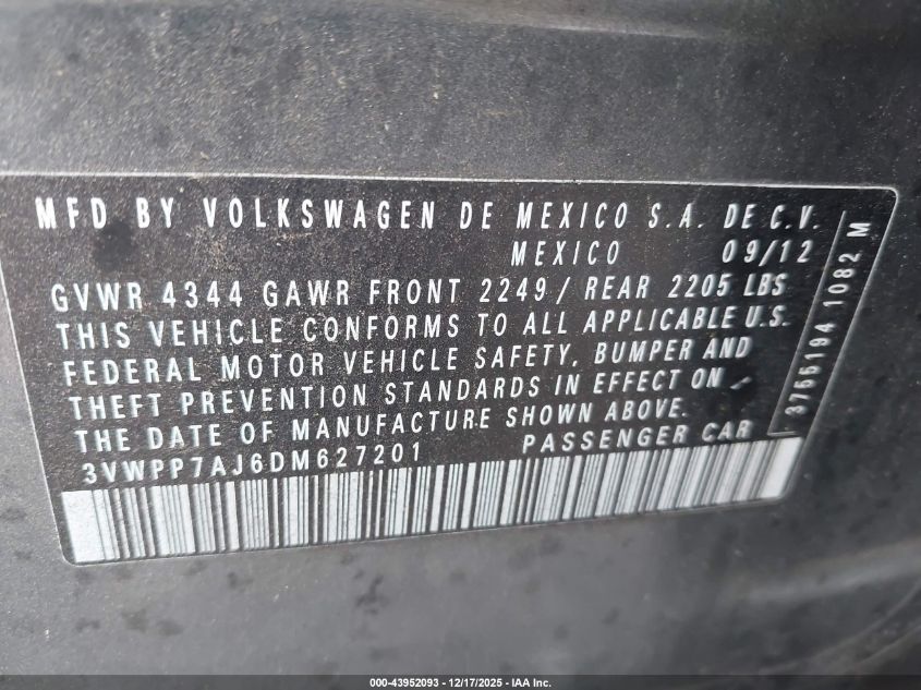 2013 Volkswagen Jetta Sportwagen 2.5L S VIN: 3VWPP7AJ6DM627201 Lot: 43952093