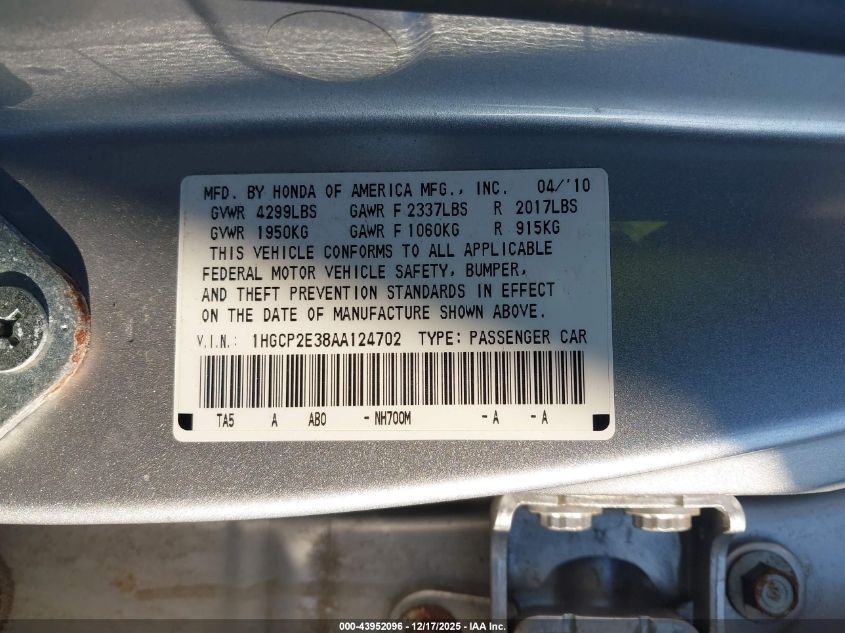 2010 Honda Accord 2.4 Lx VIN: 1HGCP2E38AA124702 Lot: 43952096