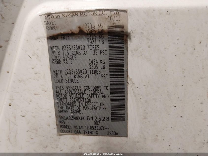 2014 Nissan Pathfinder Platinum VIN: 5N1AR2MNXEC642528 Lot: 43952097