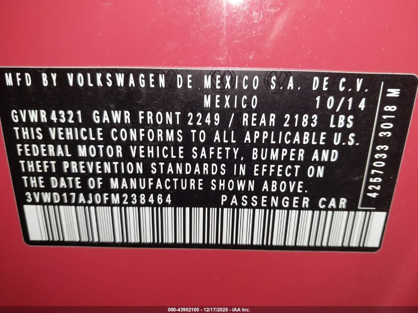 2015 Volkswagen Jetta 1.8T Se VIN: 3VWD17AJ0FM238464 Lot: 43952100