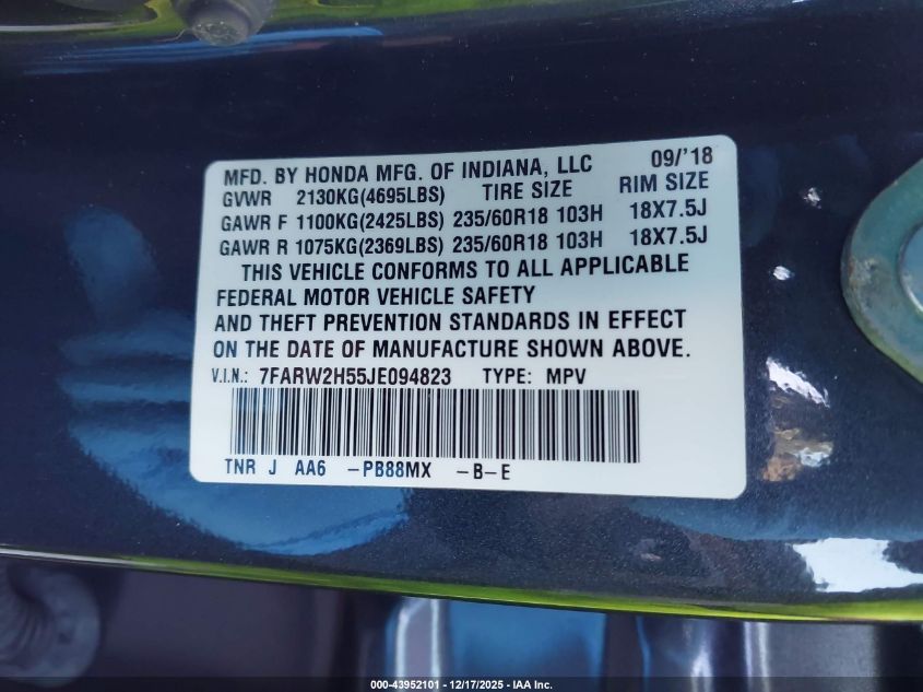 2018 Honda Cr-V Ex VIN: 7FARW2H55JE094823 Lot: 43952101