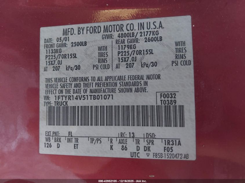 2001 Ford Ranger Edge/Xl/Xlt VIN: 1FTYR14V51TB01071 Lot: 43952105