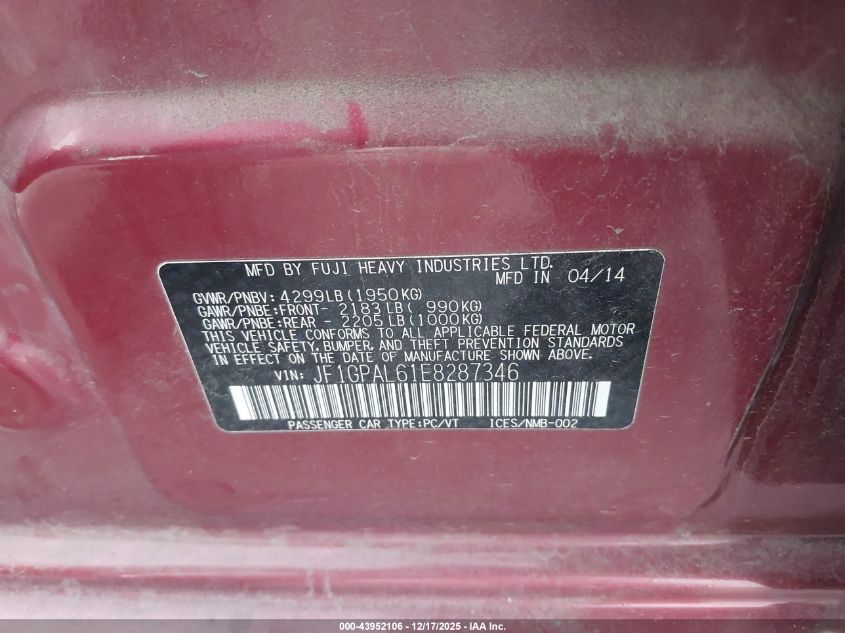 2014 Subaru Impreza 2.0I Sport Premium VIN: JF1GPAL61E8287346 Lot: 43952106