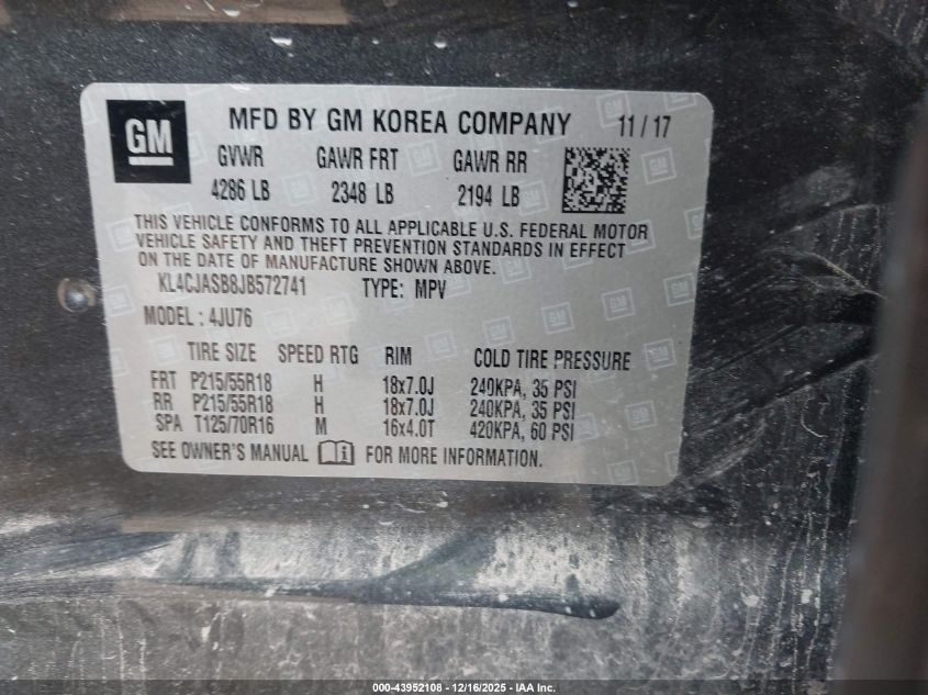 2018 Buick Encore Preferred VIN: KL4CJASB8JB572741 Lot: 43952108