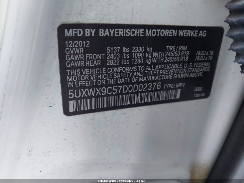 2013 BMW X3 xDrive28I VIN: 5UXWX9C57D0D02376 Lot: 43952107