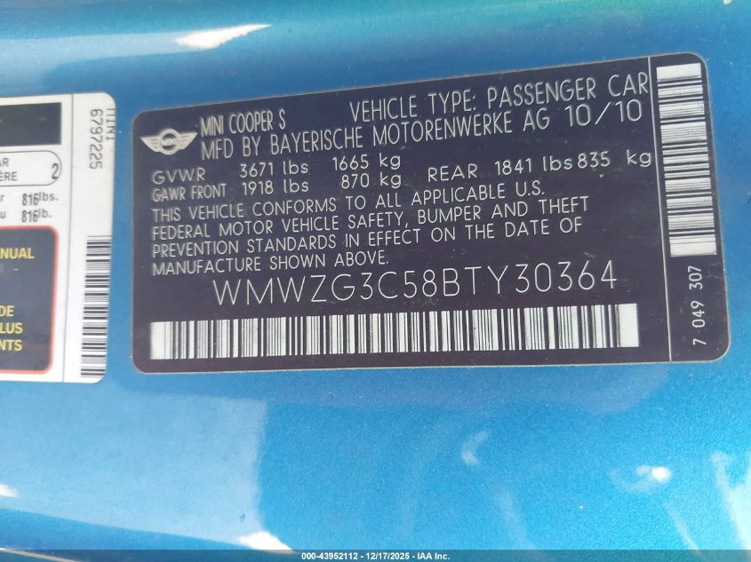 2011 Mini Cooper S Clubman VIN: WMWZG3C58BTY30364 Lot: 43952112