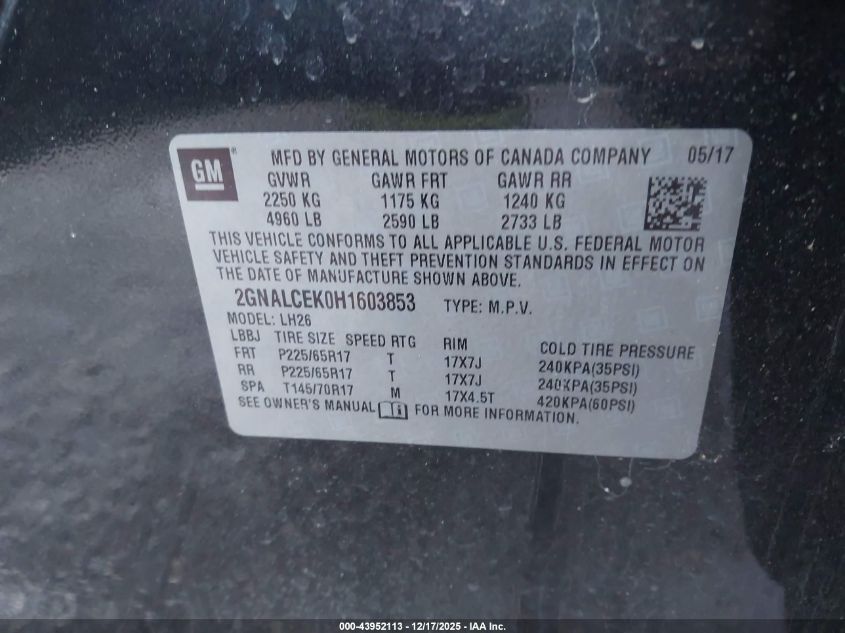 2017 Chevrolet Equinox Lt VIN: 2GNALCEK0H1603853 Lot: 43952113