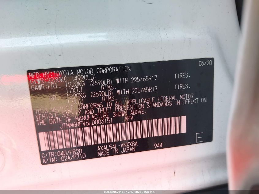 2020 Toyota Rav4 Hybrid Le VIN: JTMM6RFV6LD003151 Lot: 43952116