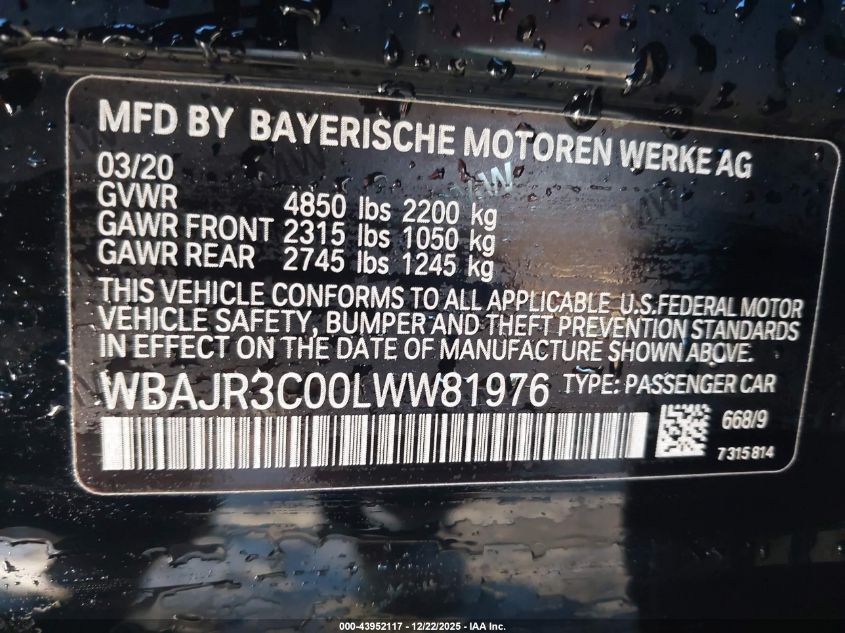 2020 BMW 530I VIN: WBAJR3C00LWW81976 Lot: 43952117