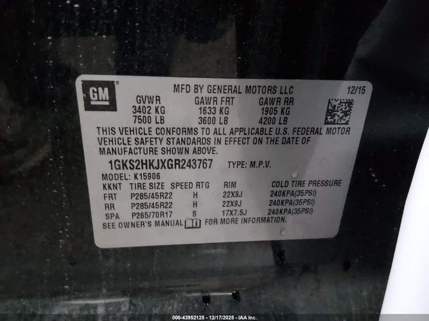 2016 GMC Yukon Xl Denali VIN: 1GKS2HKJXGR243767 Lot: 43952125