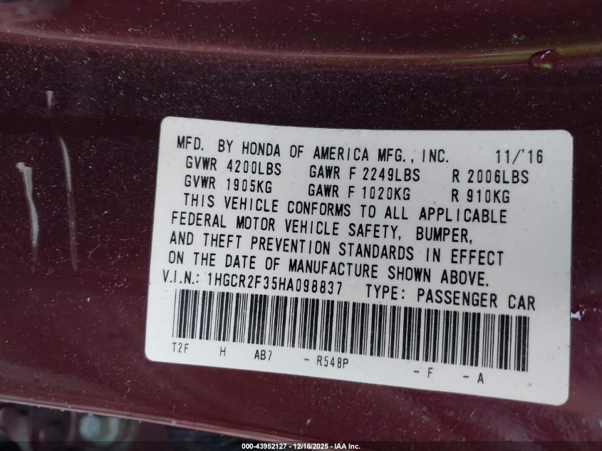 2017 Honda Accord Lx VIN: 1HGCR2F35HA098837 Lot: 43952127