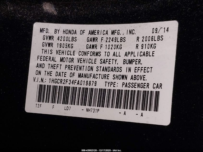 2015 Honda Accord Lx VIN: 1HGCR2F34FA019879 Lot: 43952128