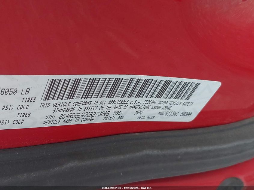 2016 Dodge Grand Caravan R/T VIN: 2C4RDGEG7GR273205 Lot: 43952130