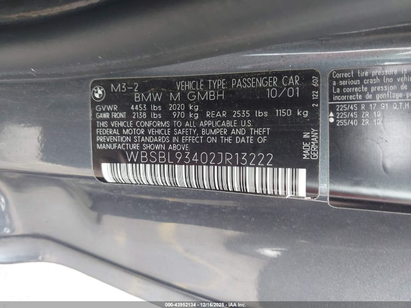 2002 BMW M3 VIN: WBSBL93402JR13222 Lot: 43952134