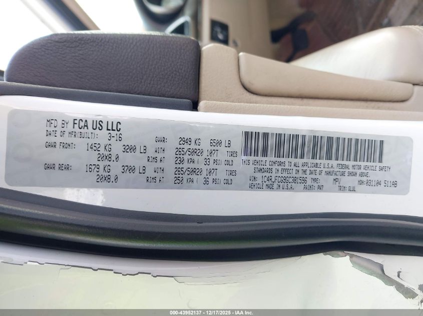 2016 Jeep Grand Cherokee Overland VIN: 1C4RJFCG9GC381596 Lot: 43952137