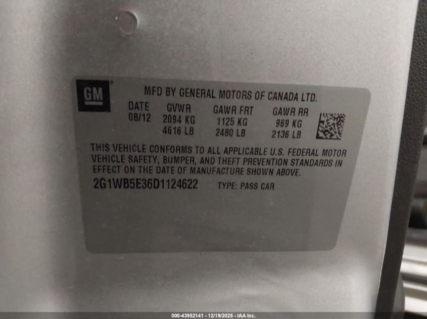 2013 Chevrolet Impala Lt VIN: 2G1WB5E36D1124622 Lot: 43952141