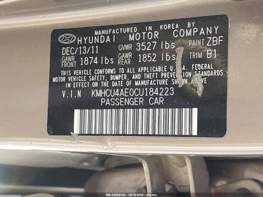 2012 Hyundai Accent Gls VIN: KMHCU4AE0CU184223 Lot: 43952140