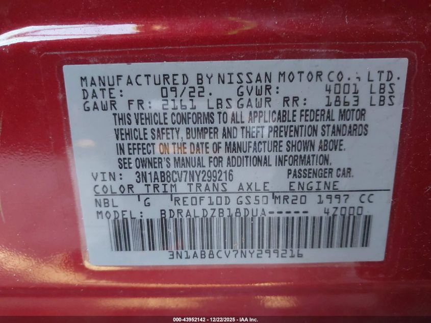 2022 Nissan Sentra Sv Xtronic Cvt VIN: 3N1AB8CV7NY299216 Lot: 43952142