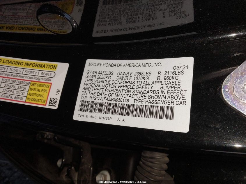 2021 Honda Accord Sport Special Edition VIN: 1HGCV1F45MA050148 Lot: 43952147