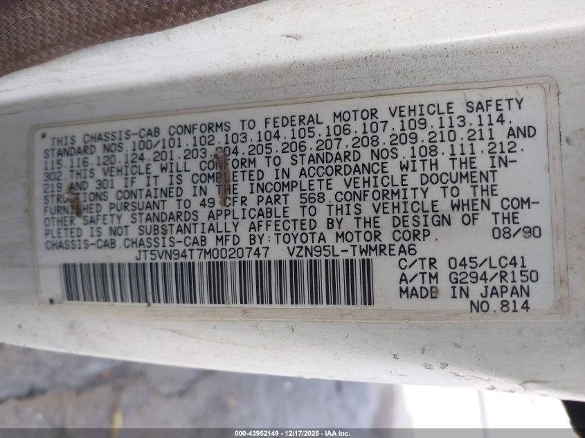 1991 Toyota Pickup Cab Chassis Super Long Wb VIN: JT5VN94T7M0020747 Lot: 43952149