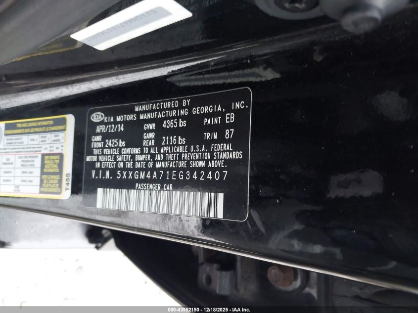 2014 Kia Optima Lx VIN: 5XXGM4A71EG342407 Lot: 43952150