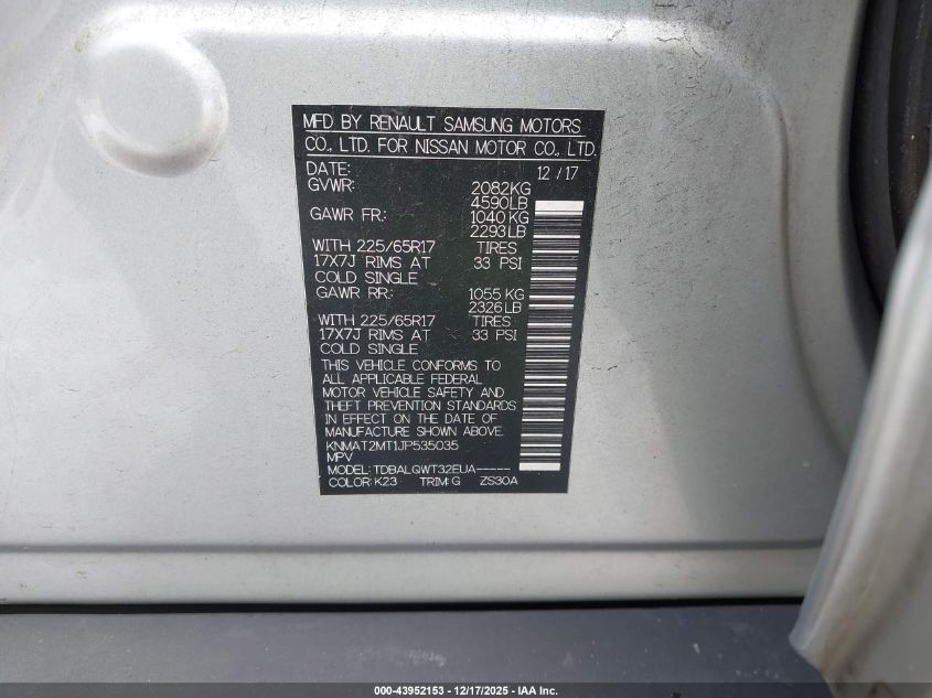 2018 Nissan Rogue Sv VIN: KNMAT2MT1JP535035 Lot: 43952153