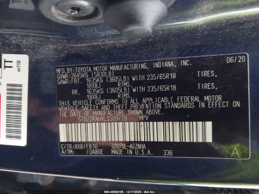 2020 Toyota Highlander Le VIN: 5TDZZRAHXLS509729 Lot: 43952155