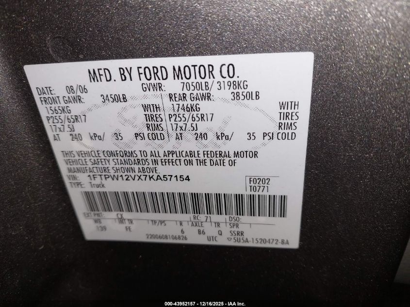 2007 Ford F-150 Lariat/Xlt VIN: 1FTPW12VX7KA57154 Lot: 43952157