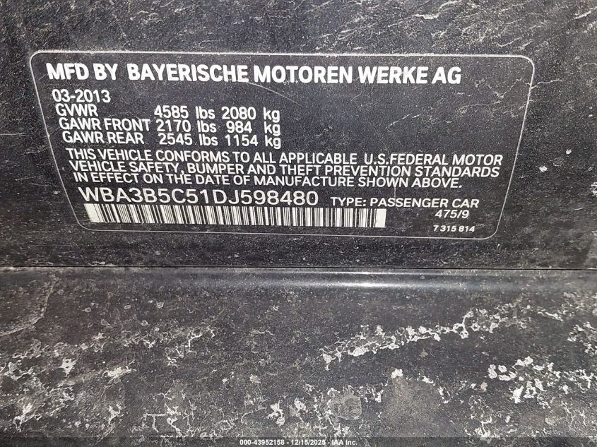 2013 BMW 328I xDrive VIN: WBA3B5C51DJ598480 Lot: 43952158